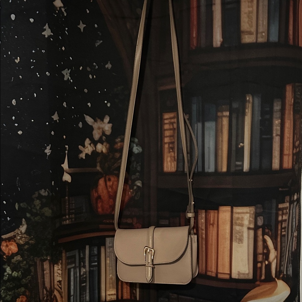 Anne Klein Taupe Crossbody Saddle Bag with Buckle Accent